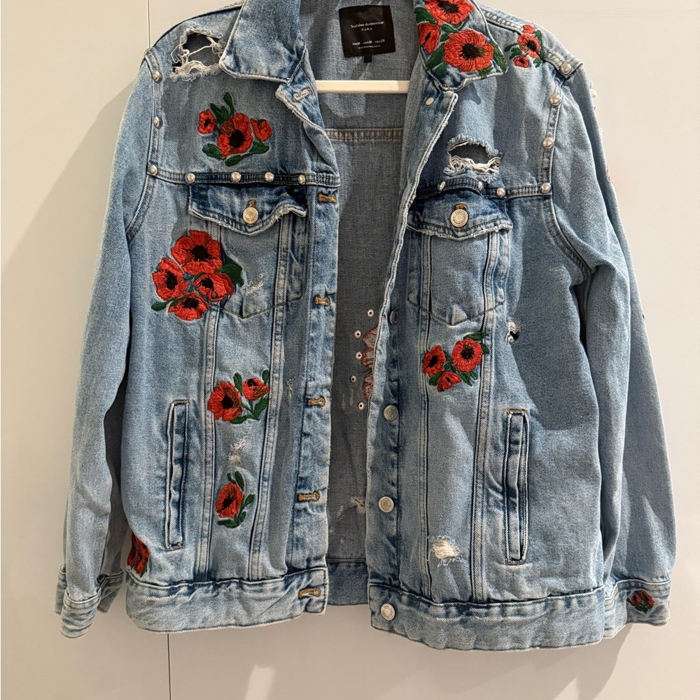 Zara Light Blue Denim Jacket with Red Embroidery